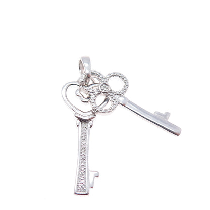 925 Sterling Silver Real Round-Cut Diamond Heart & Club Key Charm Pendant
