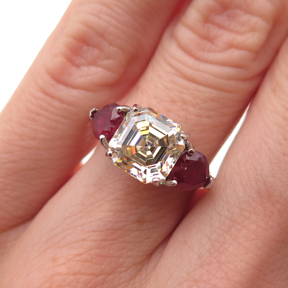 925 Sterling Silver Real Pear-Cut Ruby & Asscher-Cut C Z Ring Size 6