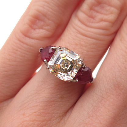 925 Sterling Silver Real Pear-Cut Ruby & Asscher-Cut C Z Ring Size 6