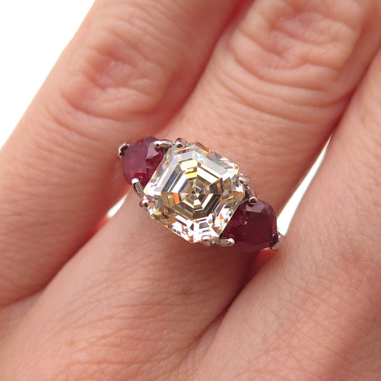925 Sterling Silver Real Pear-Cut Ruby & Asscher-Cut C Z Ring Size 6