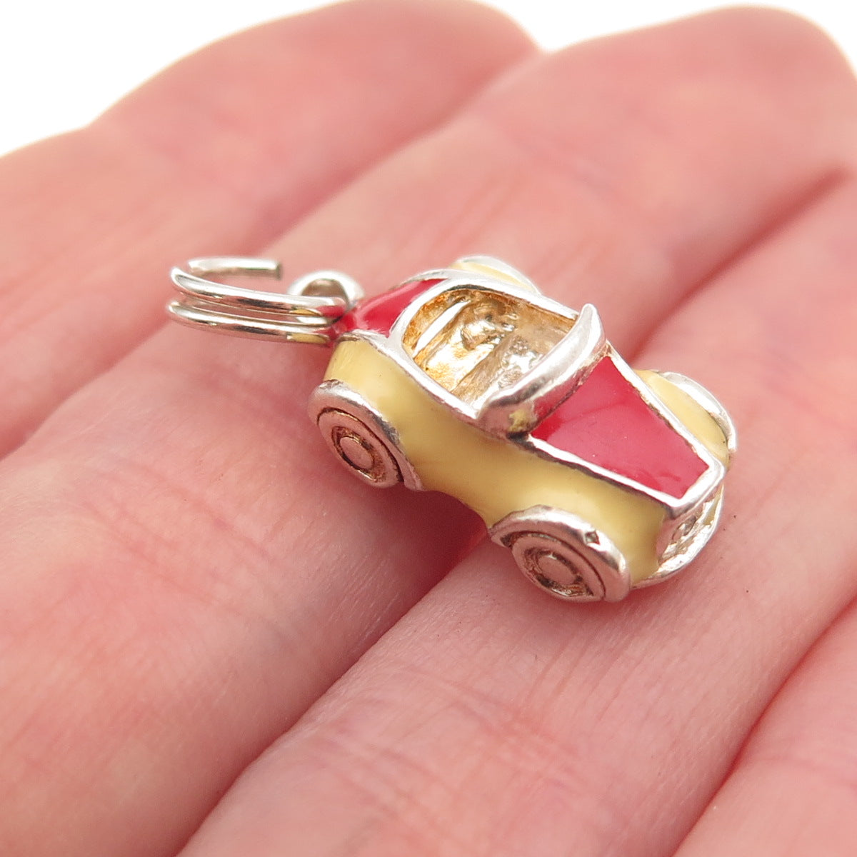 925 Sterling Silver Vintage Enamel Sport Car 3D Charm Pendant