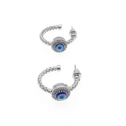 925 Sterling Silver Real Diamond & Enamel Evil Eye Wicker Half Hoop Earrings