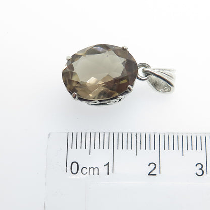 925 Sterling Silver Vintage Real Smoky Quartz Ornate Pendant