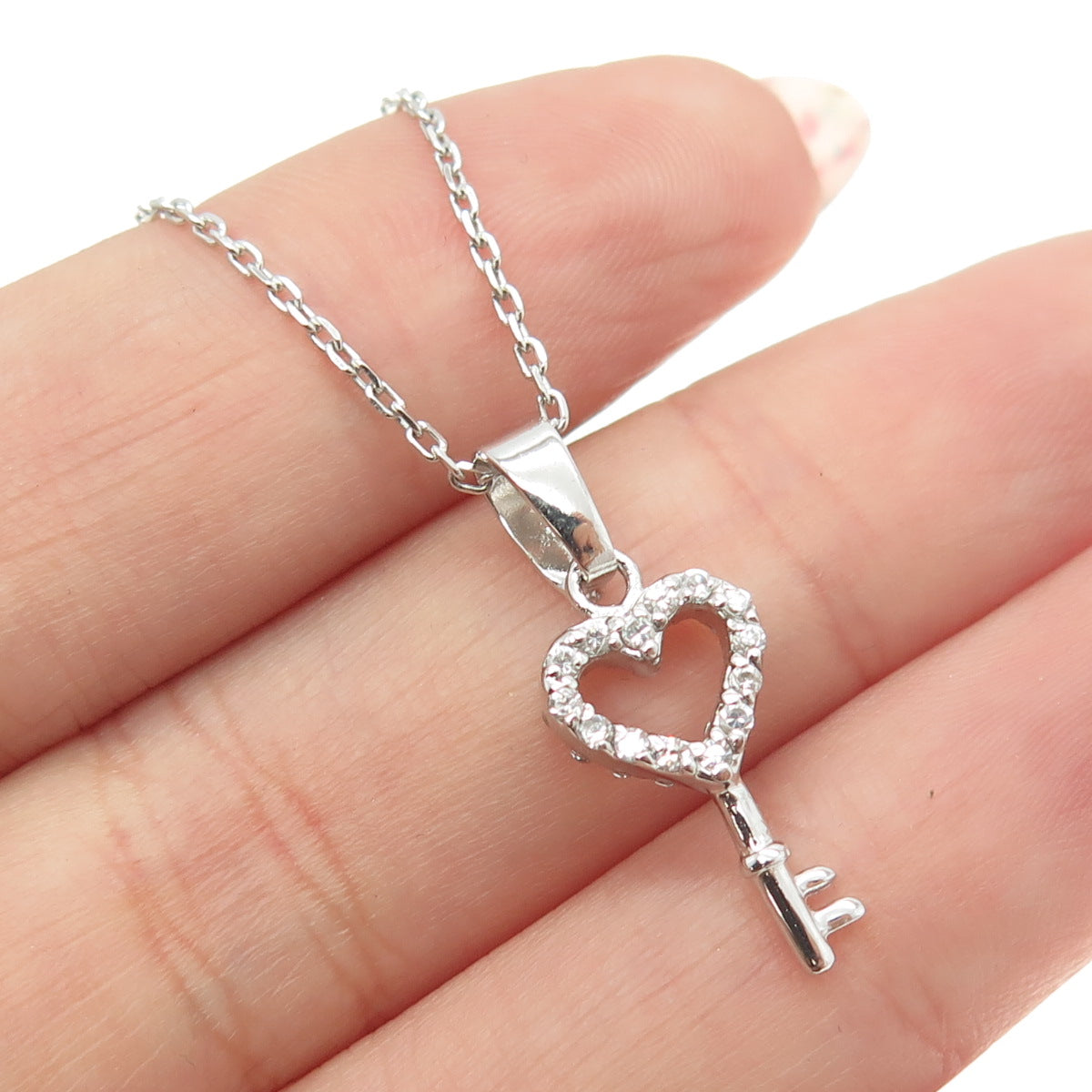 925 Sterling Silver Round-Cut C Z Open Heart Key Cable Chain Necklace 18"