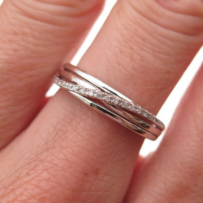 925 Sterling Silver Real Round-Cut Diamond Crisscross Ring Size 6.5