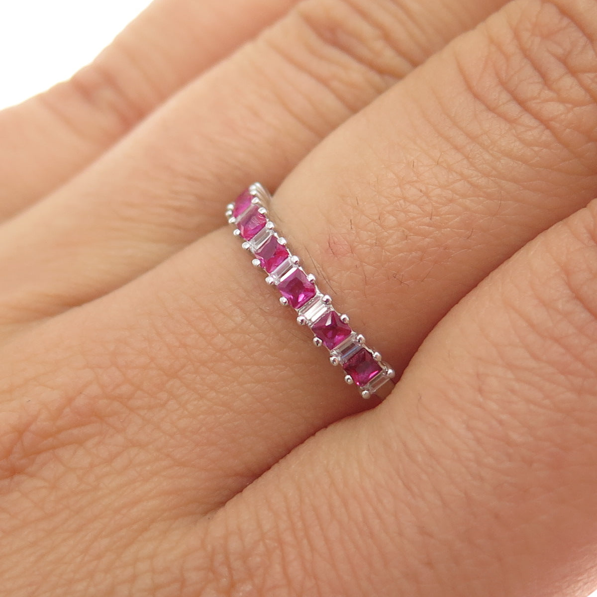 925 Sterling Silver Lab-Created Ruby Half Eternity Band Ring Size 7.25