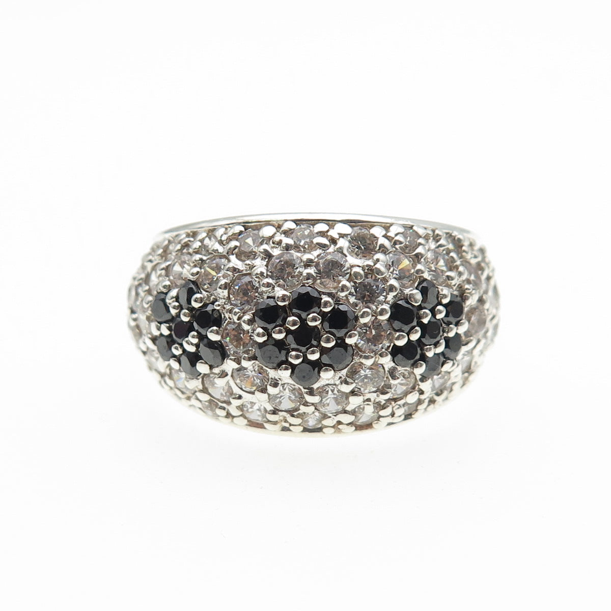 925 Sterling Silver Vintage Round-Cut Black & White C Z Ring Size 7.25