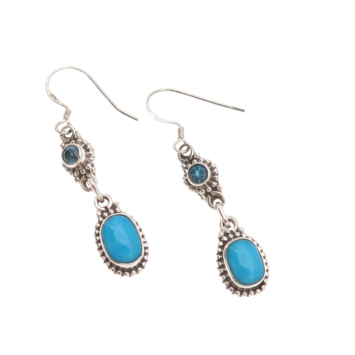 925 Sterling Silver Vintage Real Turquoise & London Blue Topaz Dangle Earrings