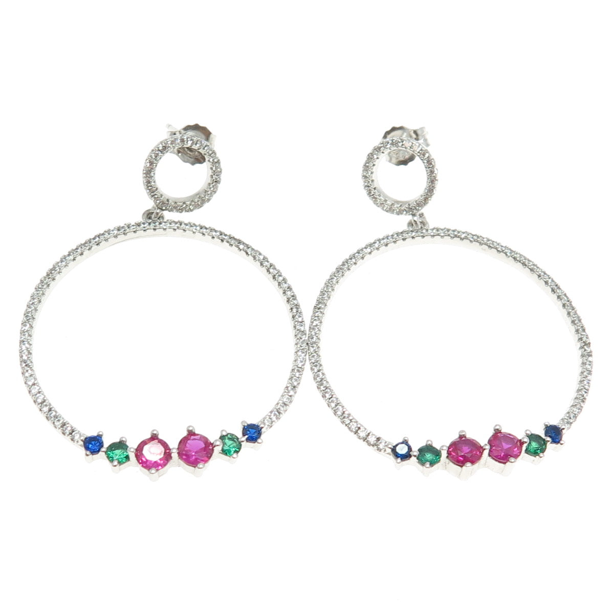 925 Sterling Silver Lab-Created Ruby Chrome Diopside & C Z Circle Earrings