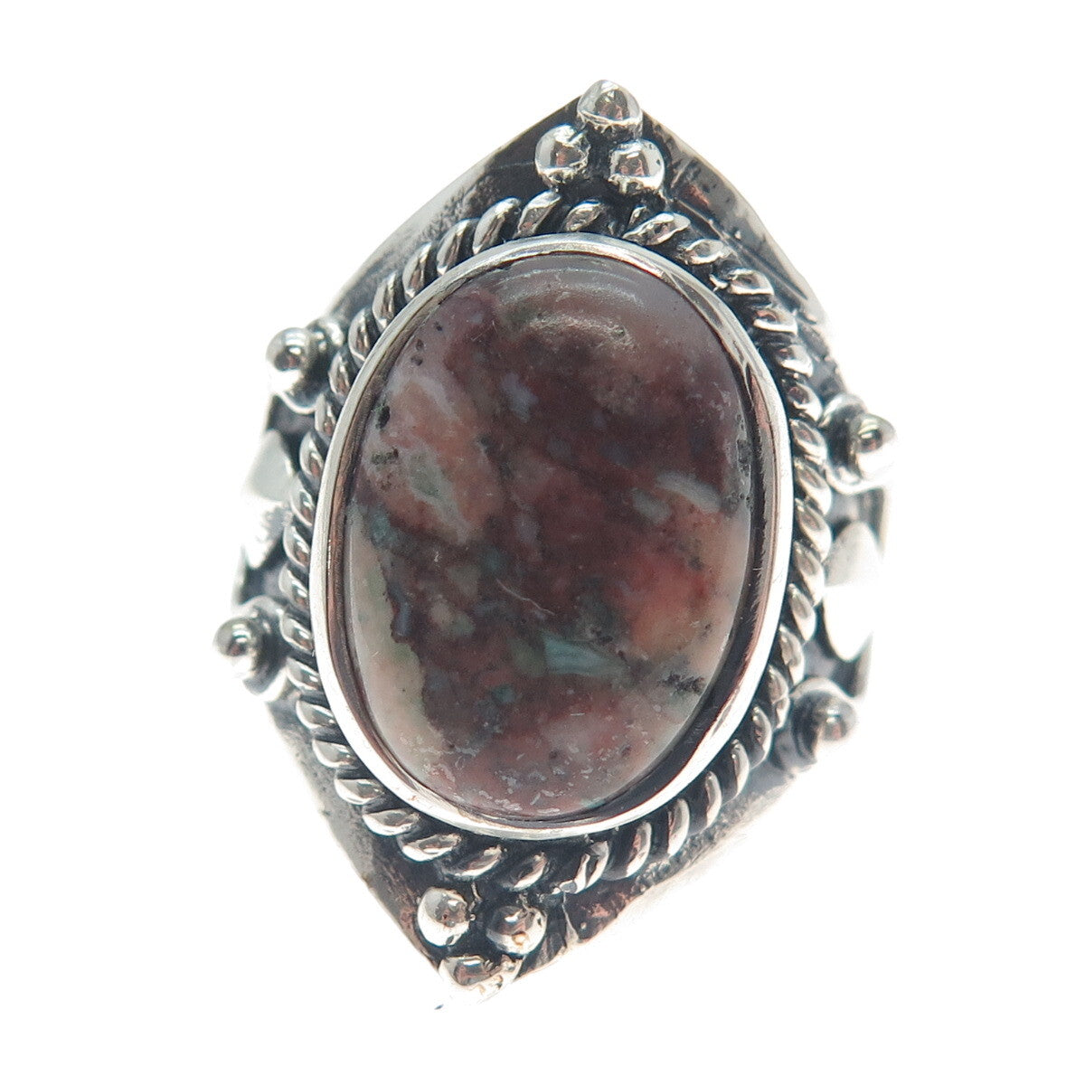 925 Sterling Silver Vintage Real Agate Harp Roped Oxidized Ring Size 9.75