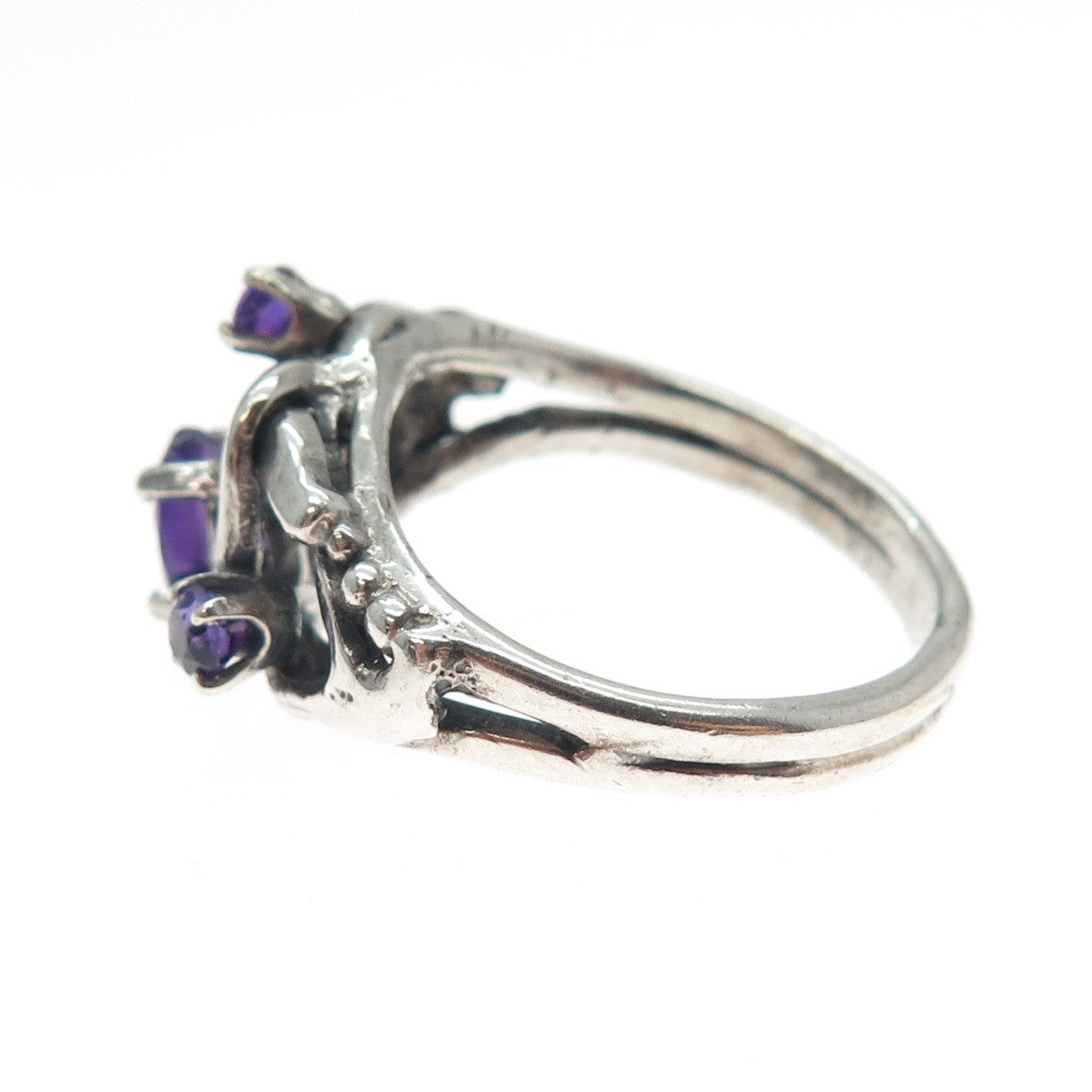 925 Sterling Silver Vintage Real Amethyst Modernist Oxidized Ring Size 8