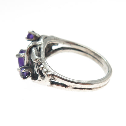 925 Sterling Silver Vintage Real Amethyst Modernist Oxidized Ring Size 8