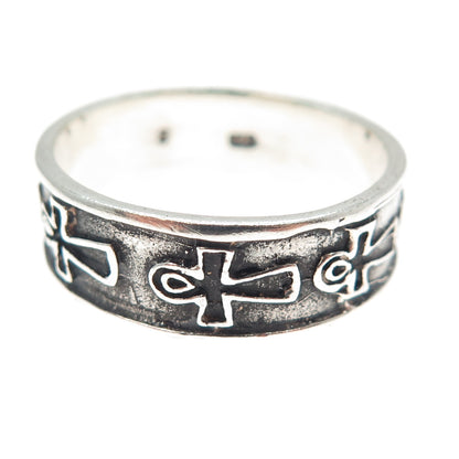 925 Sterling Silver Vintage Egyptian Ankh Oxidized Band Ring Size 12.25