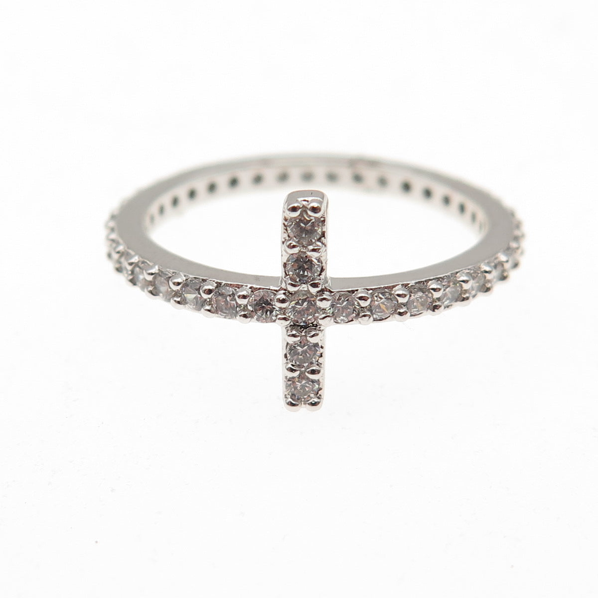 925 Sterling Silver Round-Cut C Z Cross All Around Ring Size 7