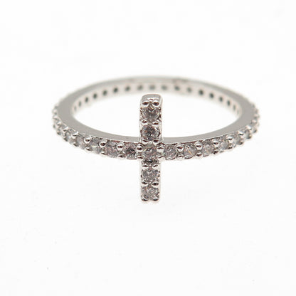 925 Sterling Silver Round-Cut C Z Cross All Around Ring Size 7