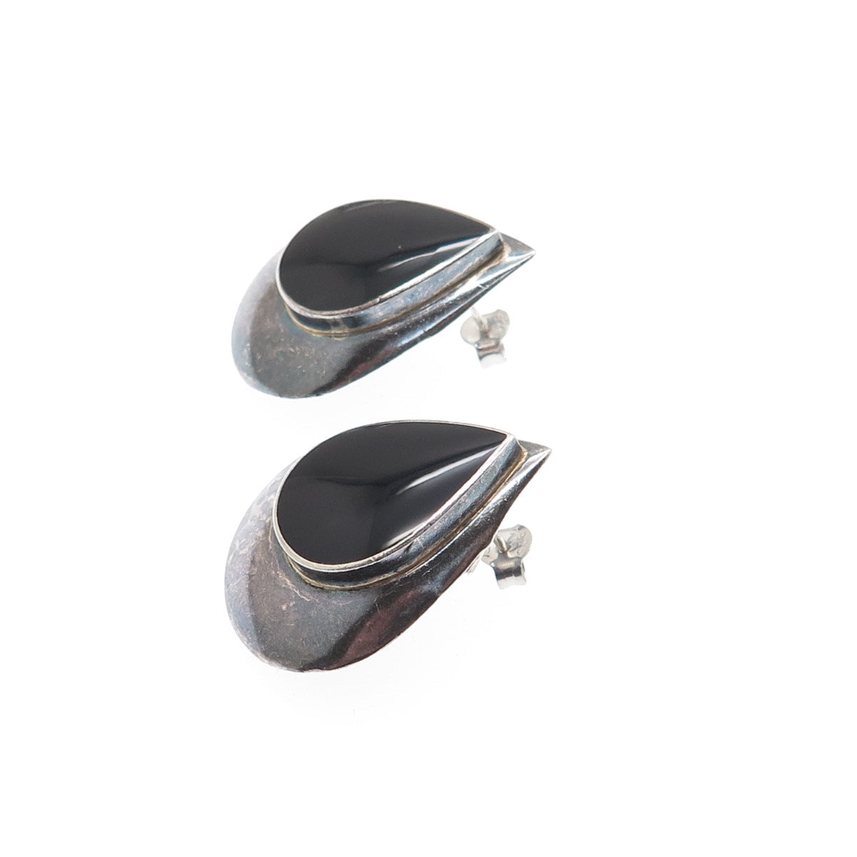 BOMA 925 Sterling Silver Vintage Black Onyx Modernist Oxidized Teardrop Earrings