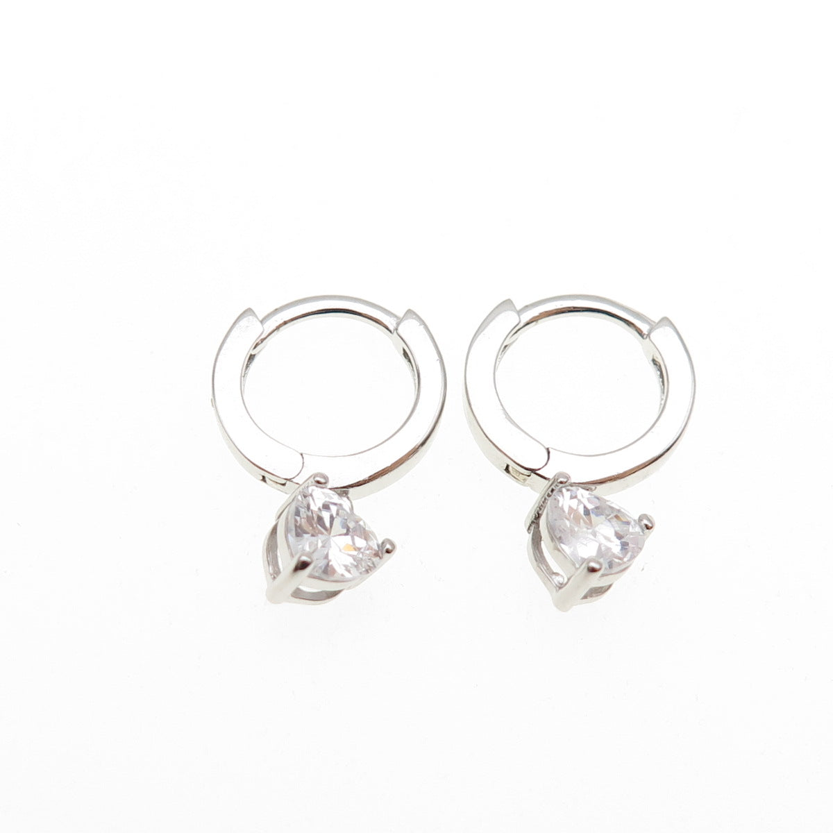 925 Sterling Silver Heart-Cut C Z Dangle Hoop Earrings