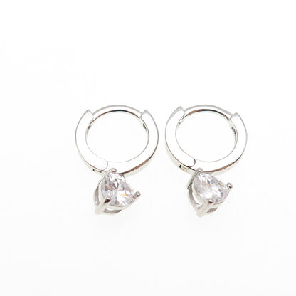 925 Sterling Silver Heart-Cut C Z Dangle Hoop Earrings