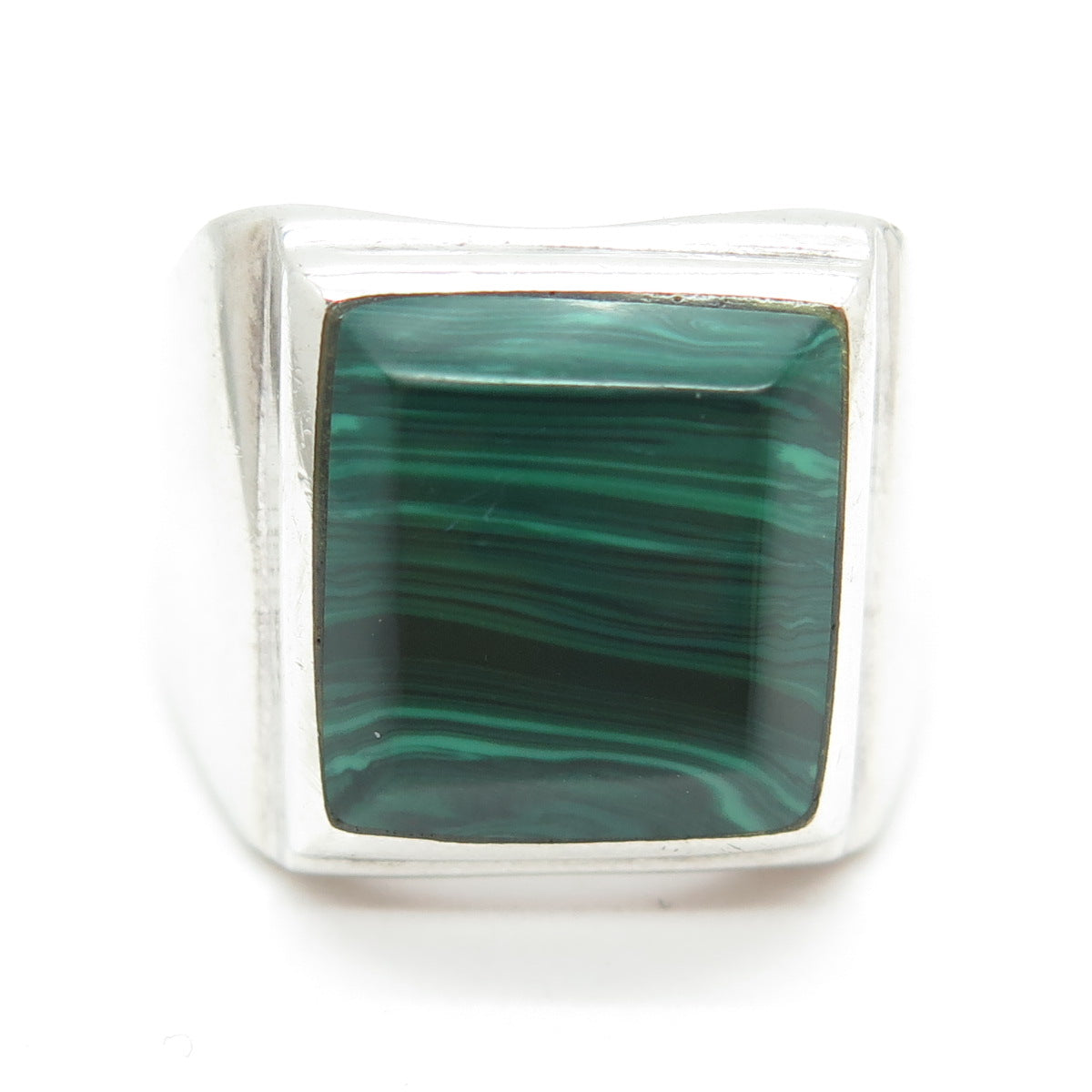 925 Sterling Silver Vintage Mexico Real Malachite Gemstone Ring Size 11.25