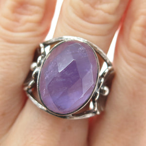 RIDER 950 Silver Vintage Real Amethyst Modernist Flower Oxidized Ring Size 8.75