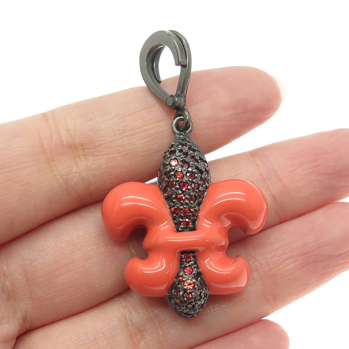 925 Sterling Silver Black Rhodium Enamel Real Red Sapphire Fleur de Lis Pendant