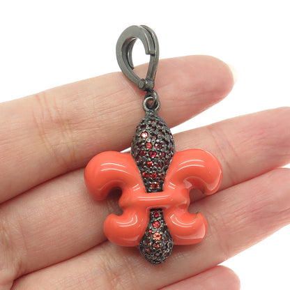 925 Sterling Silver Black Rhodium Enamel Real Red Sapphire Fleur de Lis Pendant