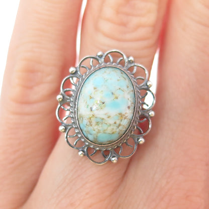 925 Sterling Silver Vintage Faux Turquoise Flower Oxidized Ring Size 5.5