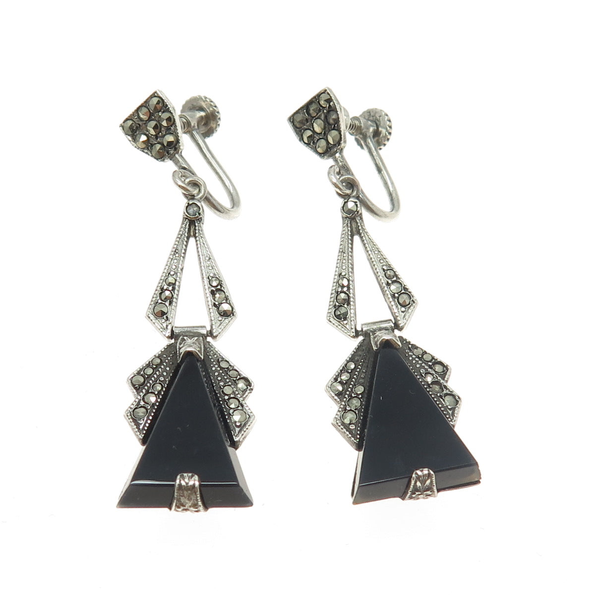 925 Sterling Silver Antique Art Deco Real Onyx & Marcasite Screw Back Earrings