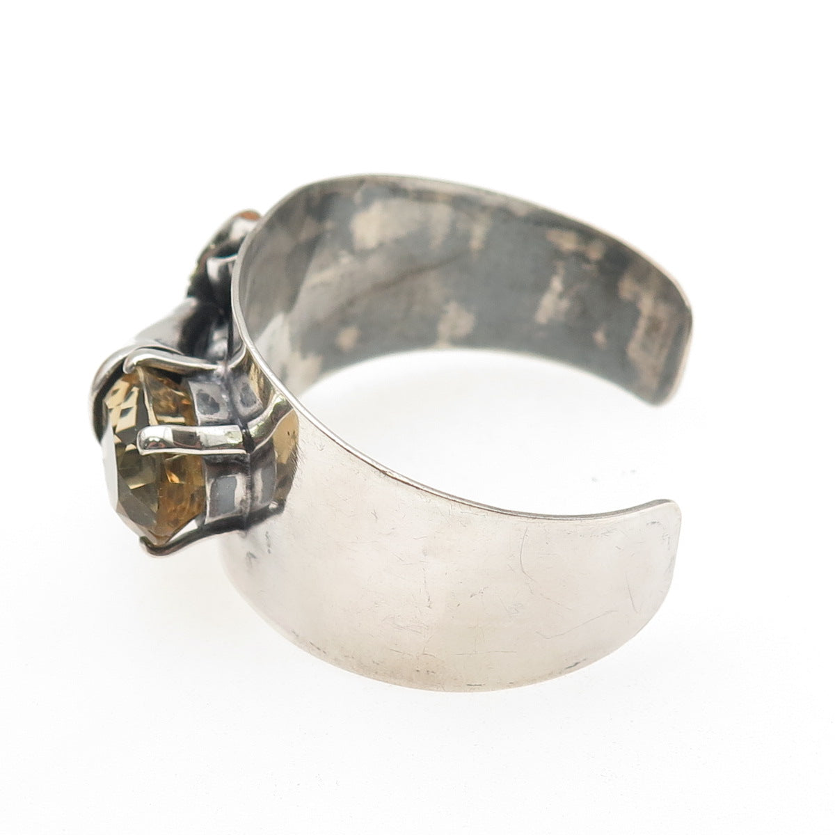 925 Sterling Silver Vintage Real Citrine Modernist Adjustable Cuff Bracelet 6.5"