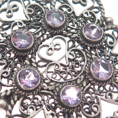 925 Sterling Silver Antique Real Amethyst Filigree Flower Heart Oxidized Brooch