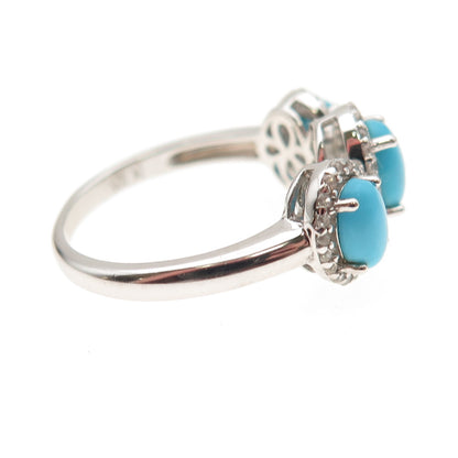 925 Sterling Silver Real Sleeping Beauty Turquoise & White Topaz Ring Size 8