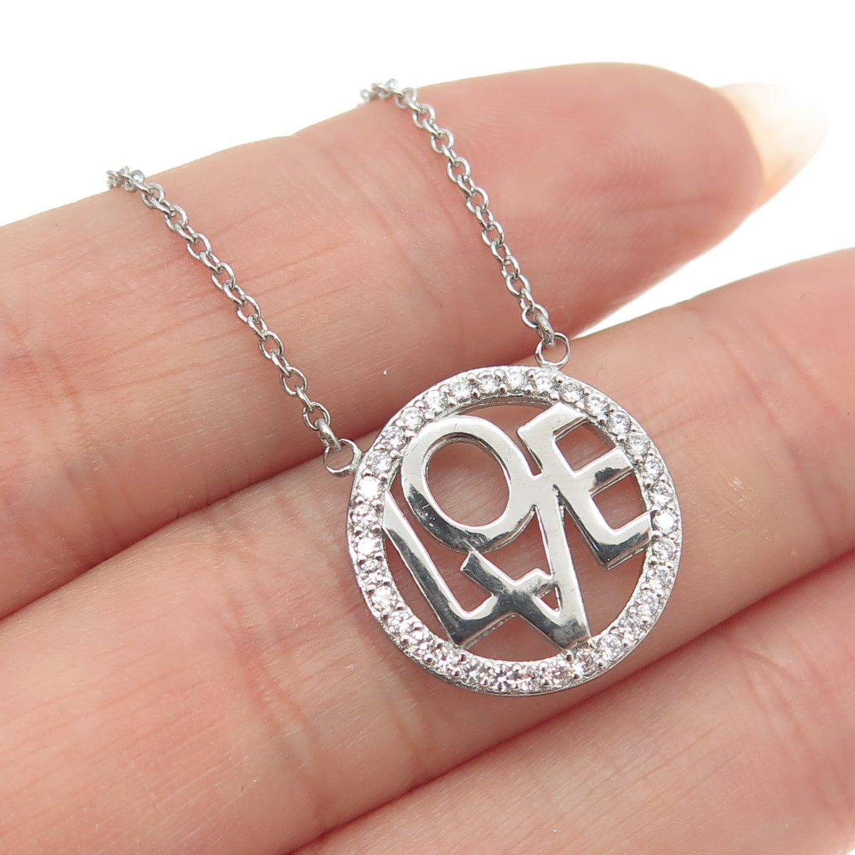 925 Sterling Silver Round-Cut Shaped C Z "LOVE" Rolo Chain Necklace 18"