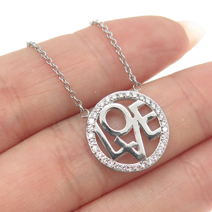 925 Sterling Silver Round-Cut Shaped C Z "LOVE" Rolo Chain Necklace 18"