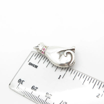 JEZLINE 925 Sterling Silver Vintage Pink Rhinestone Sitting Cat Pin Brooch