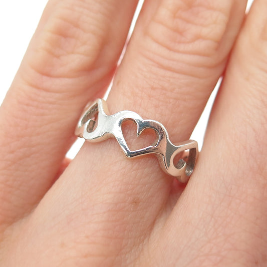 925 Sterling Silver Vintage Modernist Heart Link Band Ring Size 6.25