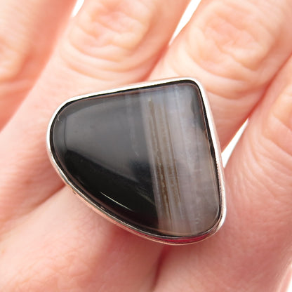 925 Sterling Silver Vintage Real Black Agate Modernist Ring Size 5.5