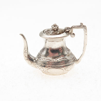925 Sterling Silver Antique Art Deco Teapot Oxidized 3D Open Charm Pendant