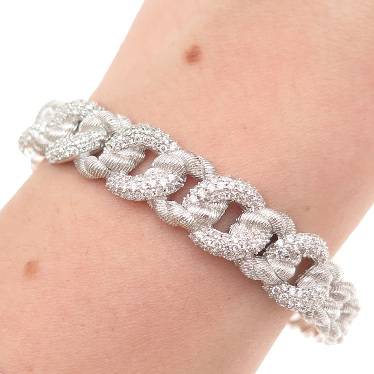 Judith Ripka 925 Sterling Silver Round-Cut C Z Cuban Link Cuff Bracelet 6.75"