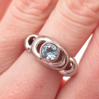 925 Sterling Silver Vintage Real Round-Cut Blue Topaz Modernist Ring Size 7