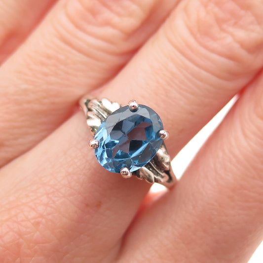 Tommy Long Sterling Silver Vintage Real Blue Topaz Floral Oxidized Ring Size 8