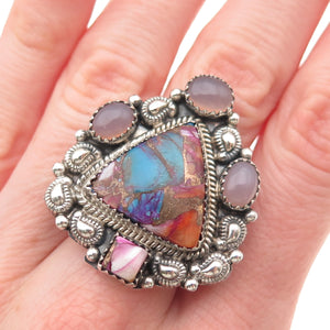 925 Sterling Vintage Mohave Turquoise & Pink Moonstone Adjustable Ring Size 7.5