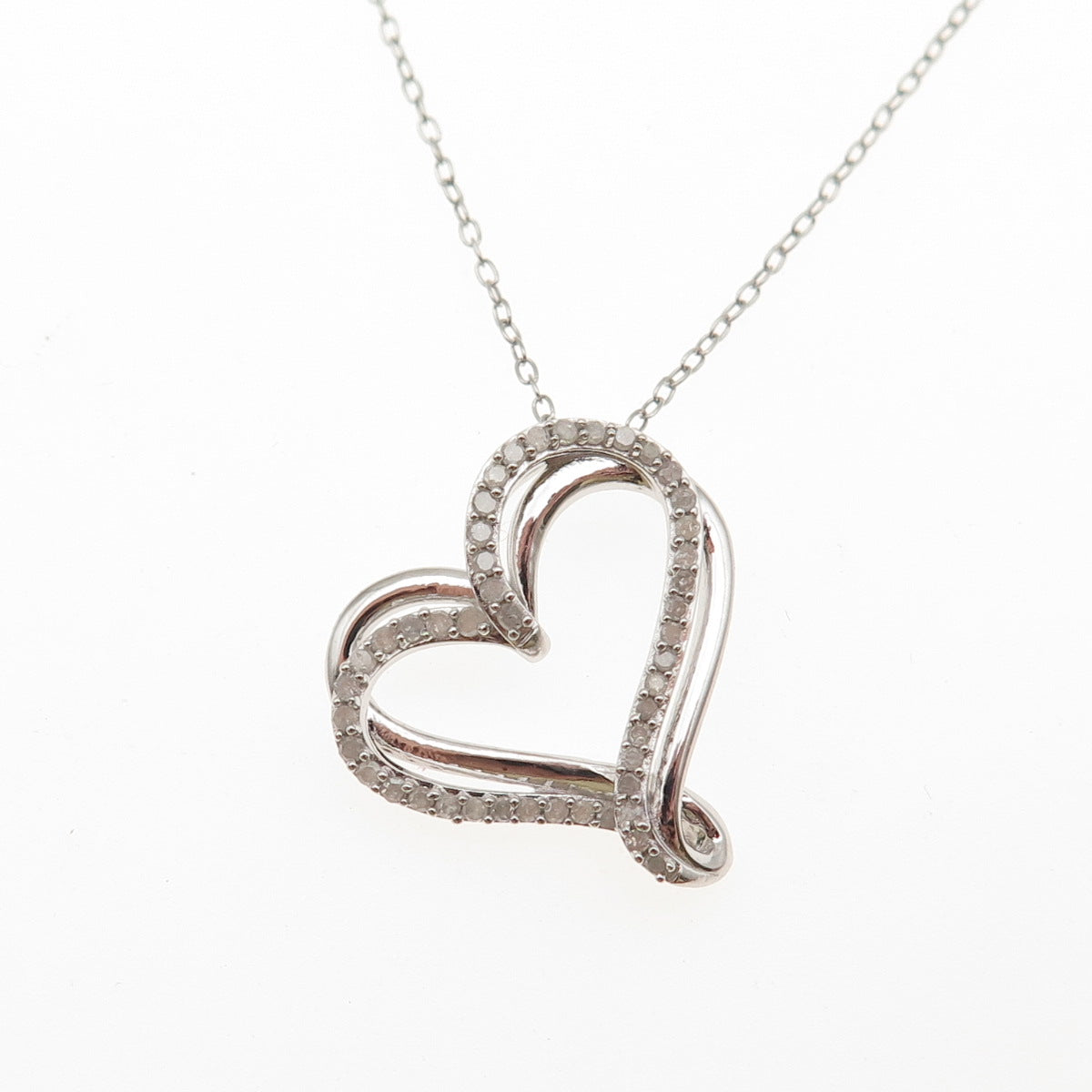 925 Sterling Silver Real Round-Cut Diamond Heart Cable Chain Necklace 18"
