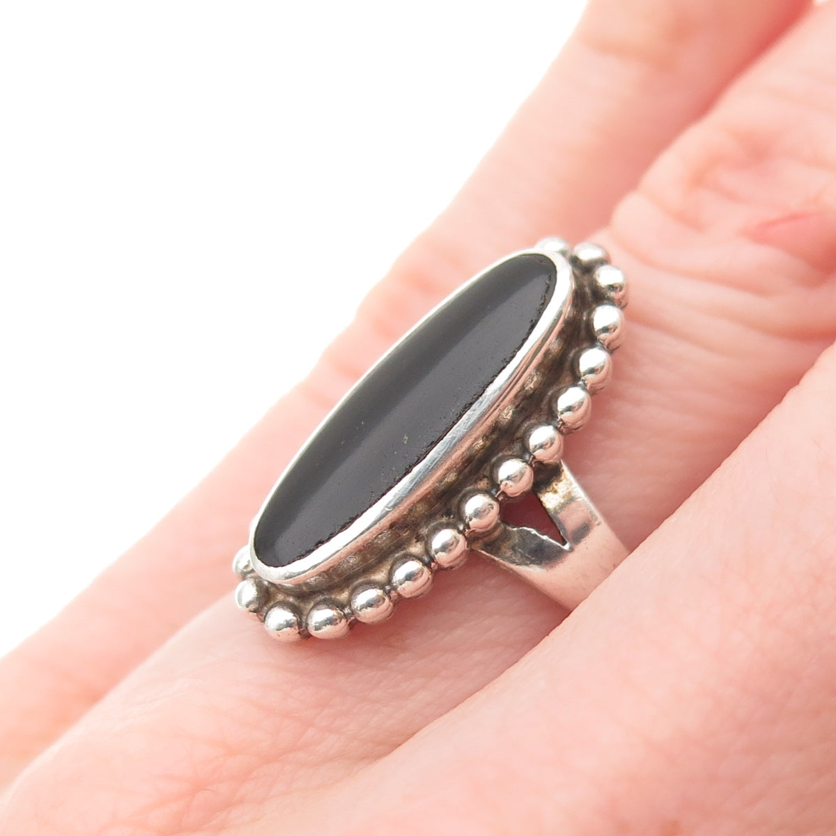 925 Sterling Silver Vintage Real Black Onyx Oxidized Beaded Ring Size 6.75