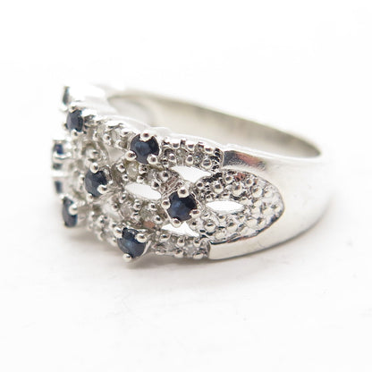 925 Sterling Silver Real Round-Cut White Diamond & Blue Sapphire Ring Size 5.75