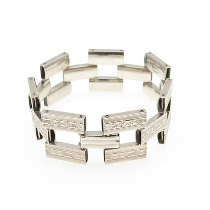 925 Sterling Silver Antique Art Deco Engraved Floral Panel Link Bracelet 6"