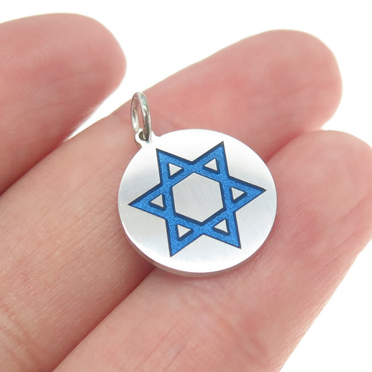 925 Sterling Silver Blue Enamel Star of David Round Tag Charm Pendant