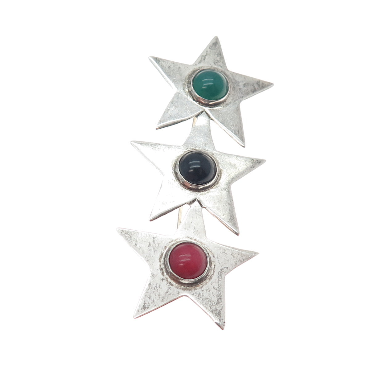 925 Sterling Silver Vintage Mexico Real Black Green & Red Onyx Star Pin Brooch