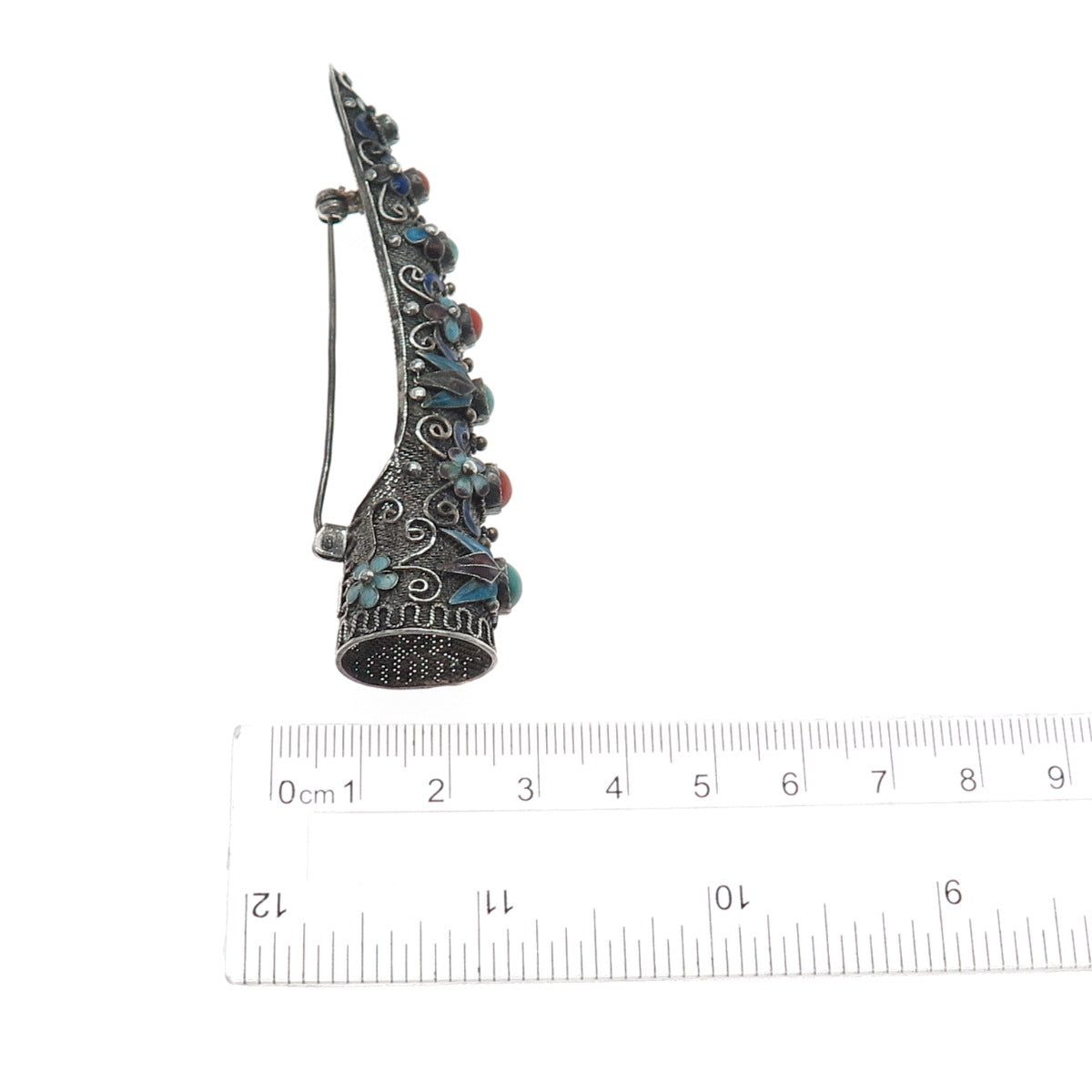 925 Sterling Antique China Enamel Turquoise & Coral Finger Nail Guard Pin Brooch