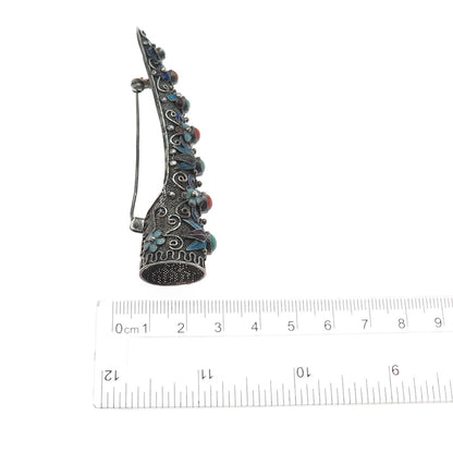 925 Sterling Antique China Enamel Turquoise & Coral Finger Nail Guard Pin Brooch