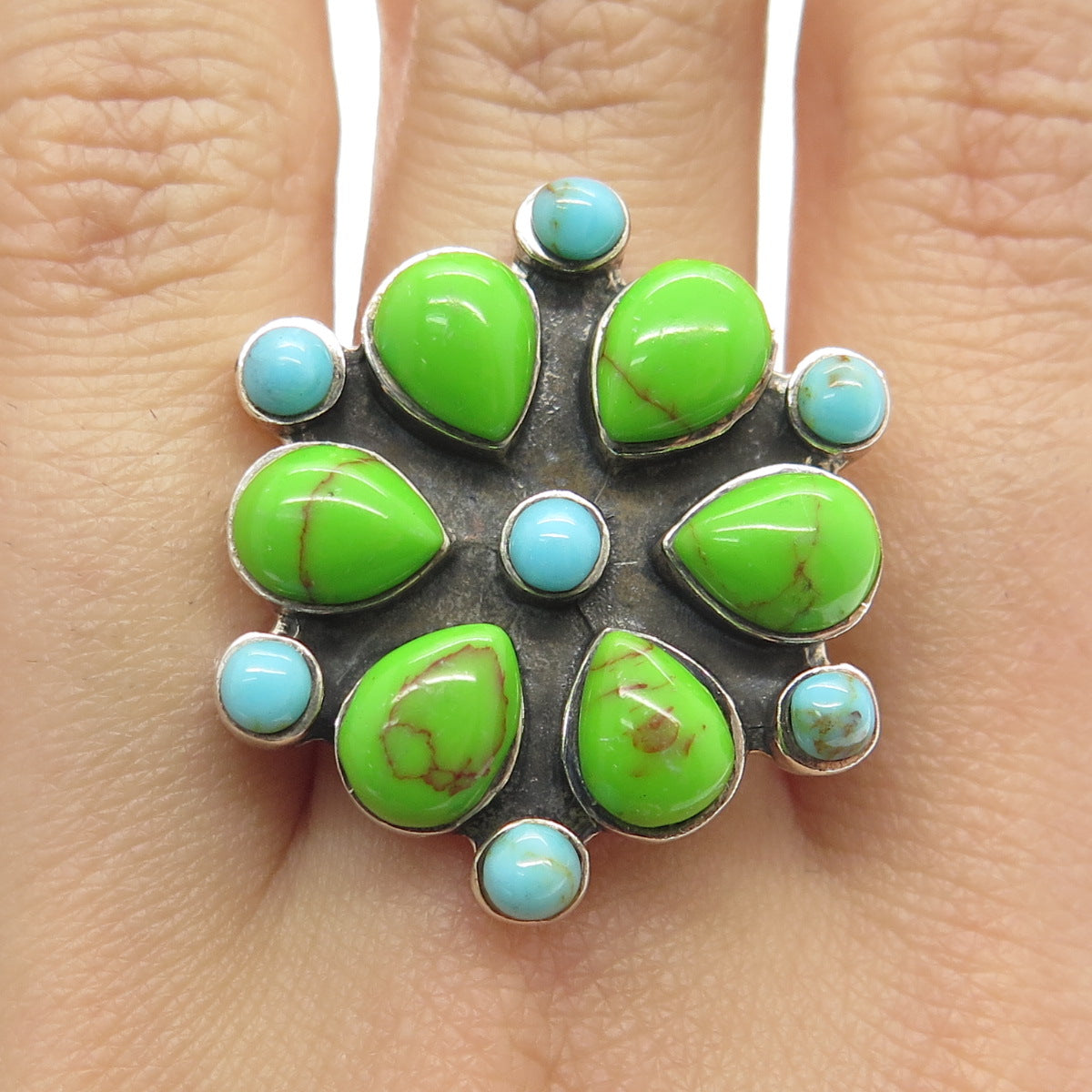 925 Sterling Silver Vintage Real Green & Blue Turquoise Gem Wide Ring Size 10.25